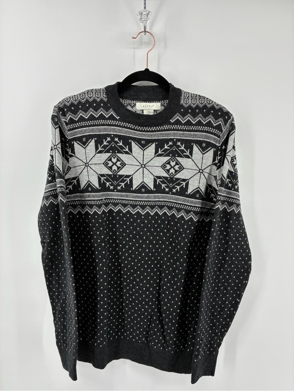 Aspen 5% Wool Blend Men's Black & Gray Fair Isle Crewneck Sweater